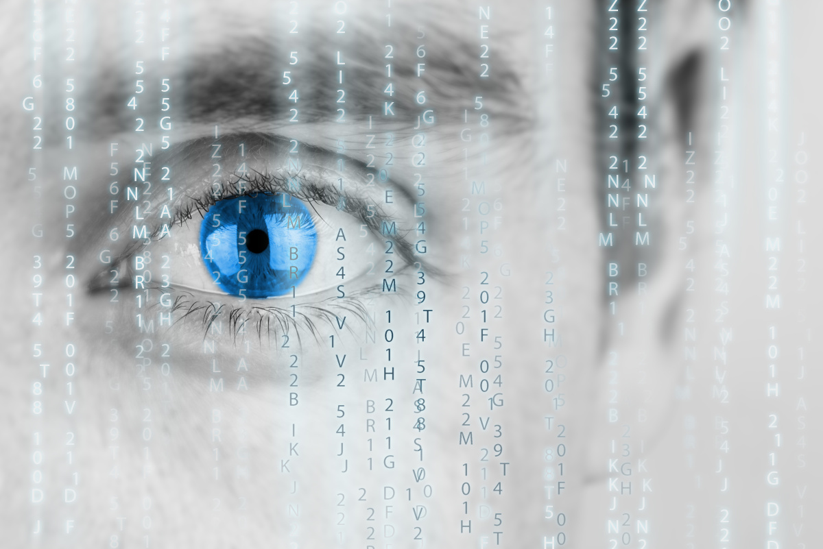 Futuristic image with human eye watching binary code, remote monitoring concept.